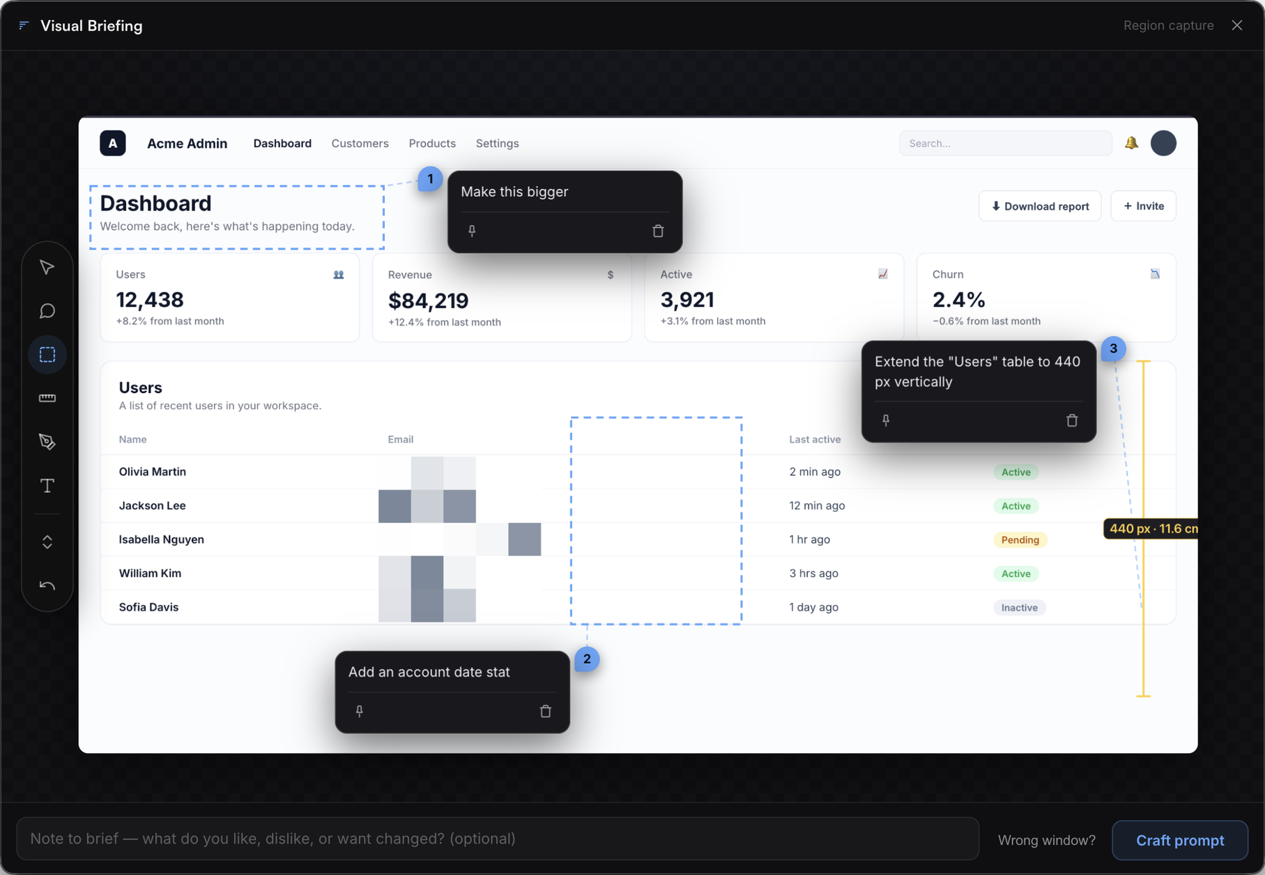 brief's Visual Briefing: a dashboard marked up with comments, a redaction over emails, and a measurement, ready to turn into a coding prompt.
